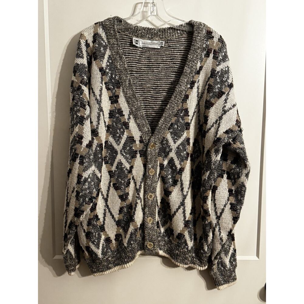 Cardigan JJ Cochran Sweater Retro Gray Cream Beige 1X Geometric Cosby Grandpa